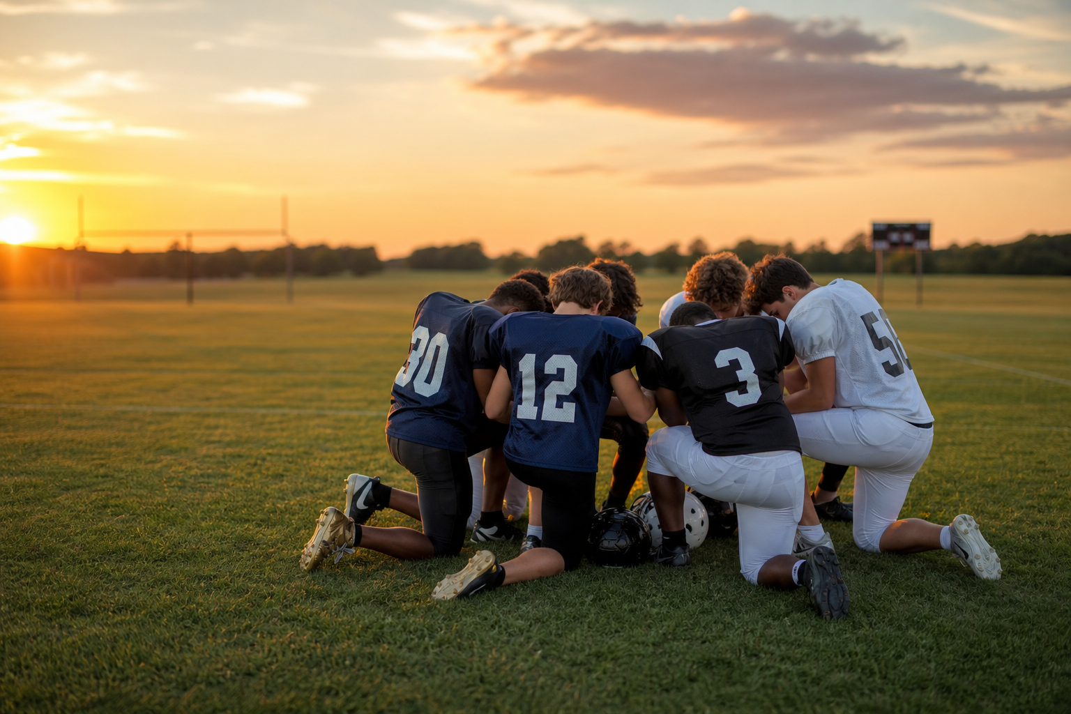 Youth Players Praying on Football Field